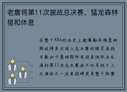 老詹将第11次披战总决赛，猛龙森林狼和休息